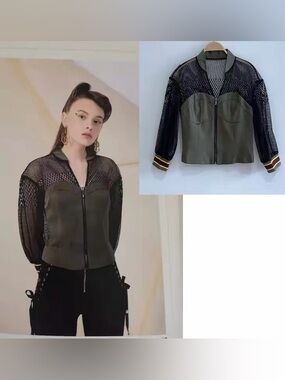 Olive & Black Mesh Bomber Jacket with Stripe Cuffs - Women's